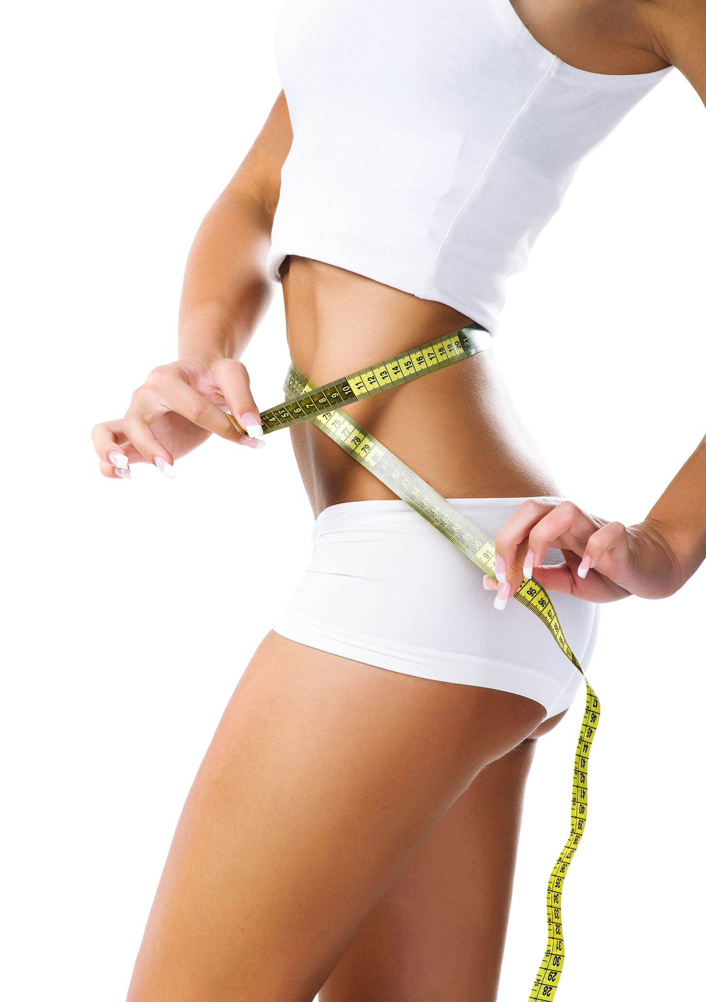 Woman measuring waist size, dallas liposuction