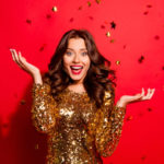 Beautiful, attractive, lady look on shine red background