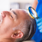 man visiting young male doctor in hair transplantation